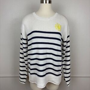 Life Is Good Pullover Sweater Size L NWT Blue Ivory Stripe Embroidered Sun Beach